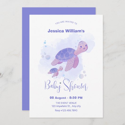 Invitation Baby shower aux tortues (Devant / Derrière)