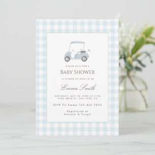 Invitation Baby-Shower avec chariot de golf à carreaux bleus