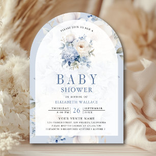 Invitation Baby-Shower avec code QR floral bleu poussiéreux e