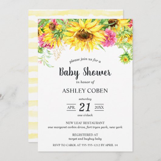 Invitation baby shower avec des tournesols en casc (Devant / Derrière)
