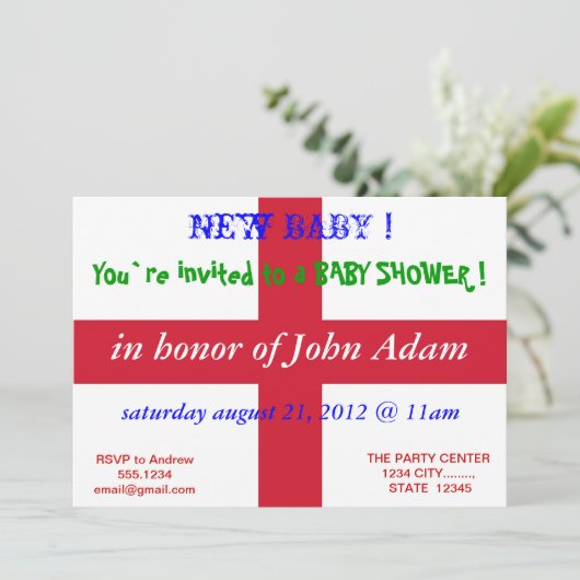 Invitation baby shower avec drapeau d'Angleterre (Debout devant)