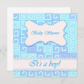 Invitation Baby shower avec motif grec bleu 2 (Devant / Derrière)