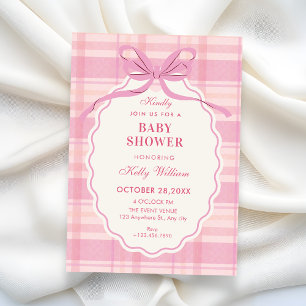 Invitation Baby shower avec noeud papillon à carreaux rose