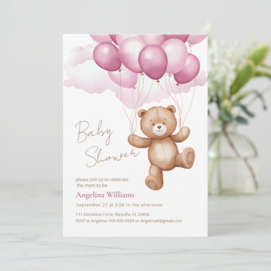 Invitation baby shower avec ours en peluche. (Debout devant)