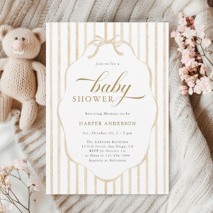 Invitation Baby Shower avec rayures beige et cadre festonné