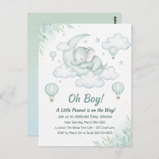Invitation baby shower avec Sleeping Baby Elephant (Devant / Derrière)