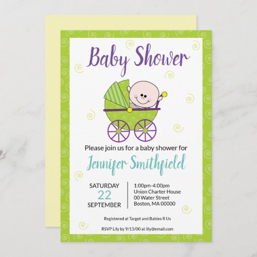 Invitation baby shower avec transport de bébé (Devant / Derrière)
