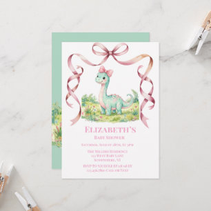 Invitation Baby-Shower avec un joli dinosaure et un nœud rose