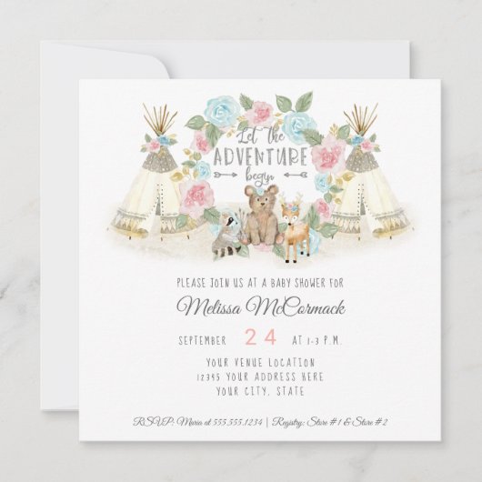 Invitation Baby shower Aventure Commencer Teepee Ours Cerf Bl (Devant)