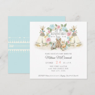 Invitation Baby shower Aventure Commencer Teepee Ours Cerf Bl