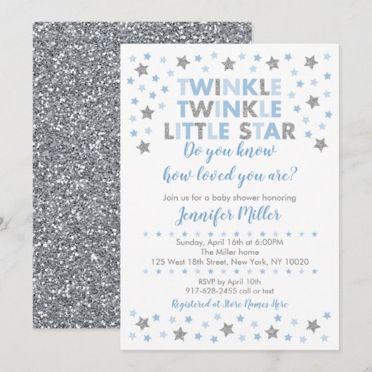 Invitation Baby shower Baby Blue Twinkle Star (Devant / Derrière)