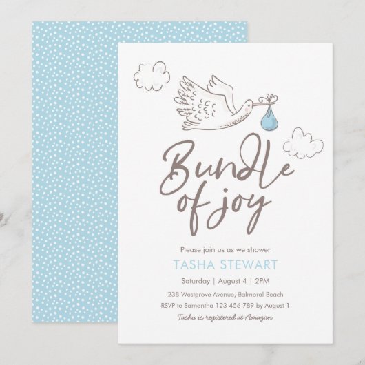 Invitation baby shower | Baby Boy Stork (Devant / Derrière)