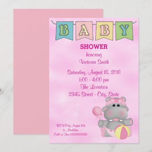 Invitation Baby shower Baby Girl Hippo (Devant / Derrière)