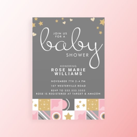 Invitation Baby shower | Baby Pink Moon & Stars