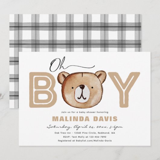 Invitation Baby shower | Baby shower de l'ours (Devant / Derrière)