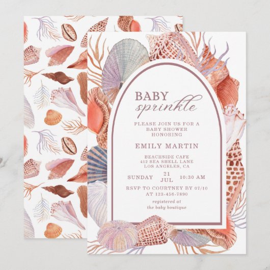 Invitation Baby shower Baby Sprinkle Beach Seashells (Devant / Derrière)