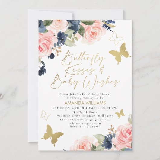 Invitation Baby shower Baisers à papillon bleu rose (Devant)