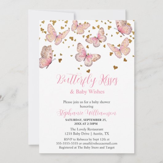 Invitation Baby shower Baisers à papillon rose et or (Devant)