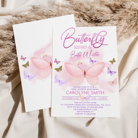 Invitation Baby shower Baisers à papillon rose et or violet