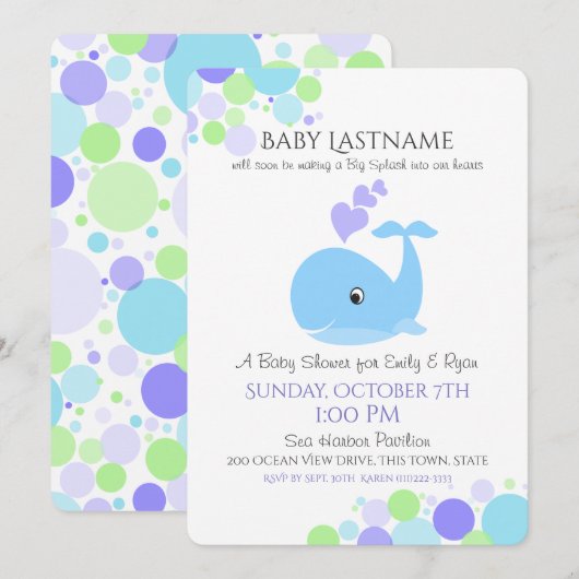 Invitation Baby shower baleine (Devant / Derrière)
