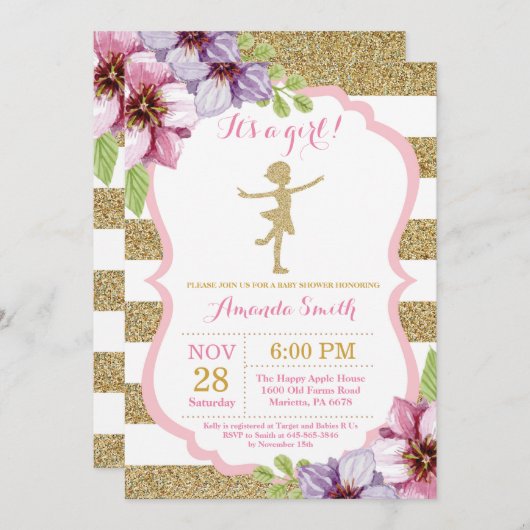 Invitation Baby shower Ballerina Parties scintillant rose et  (Devant / Derrière)