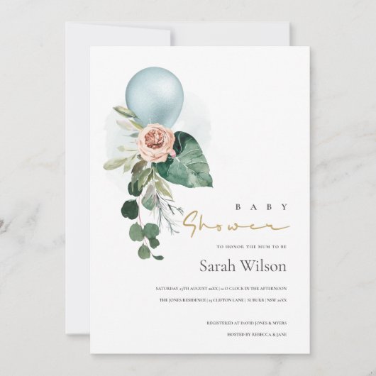 Invitation BABY SHOWER BALLON FLORAL BUNCH AQUA BL (Devant)