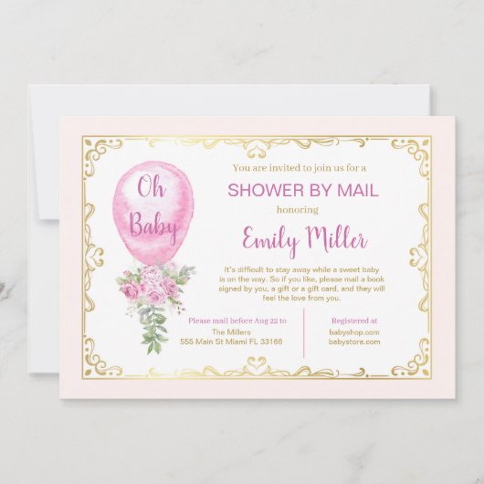 Invitation baby shower ballon rose (Devant)