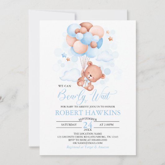 Invitation Baby shower Ballons Bleus Garçon Teddy Bear (Devant)