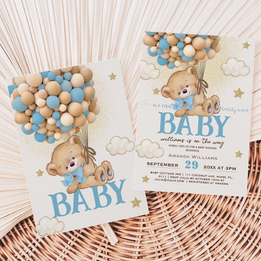 Invitation Baby shower Ballons Bleus Ours Teddy