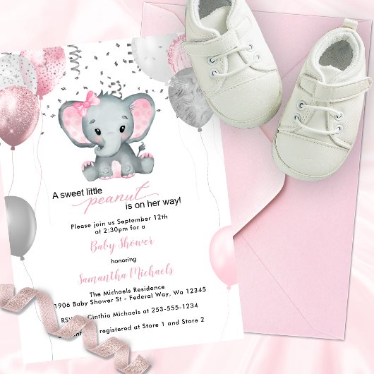 Invitation Baby shower Ballons de fille Eléphante mignonne