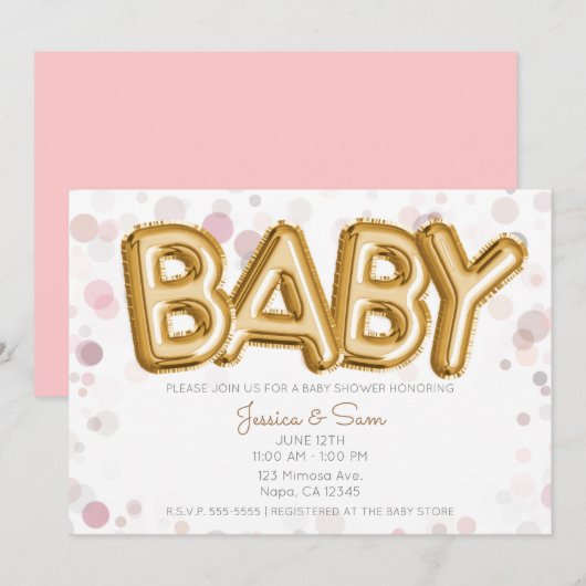 Invitation Baby shower Ballons d'or Moderne Chic rose (Devant / Derrière)