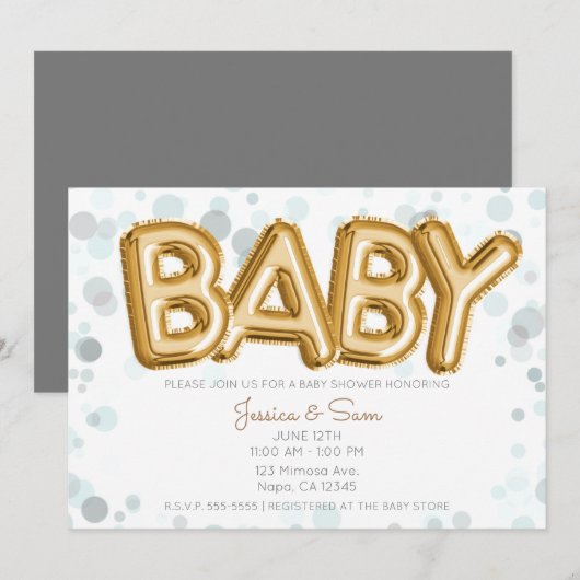 Invitation Baby shower ballons dorés modernes points gris (Devant / Derrière)