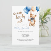 Invitation Baby shower Ballons Teddy Bear Blue Tan (Debout devant)