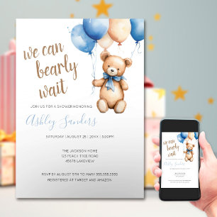 Invitation Baby shower Ballons Teddy Bear Blue Tan