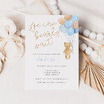 Invitation Baby shower Ballons Teddy Bear Blue Tan<br><div class="desc">"We can bearly wait" Célébrez la future maman avec ce baby shower moderne mignon et simple,  avec un dessin en aquarelle d'un ours en peluche avec des ballons dans les tons bleu,  tan et gris doux.</div>