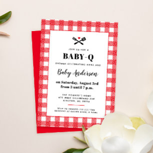 Invitation Baby-Shower Barbecue à carreaux Gingham Rouge et B