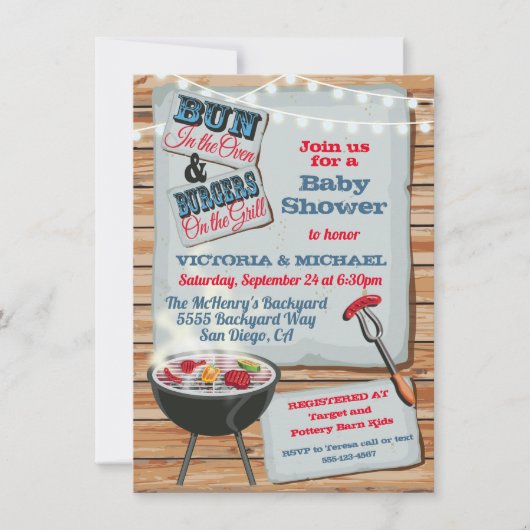 Invitation Baby shower barbecue en bois rustique (Devant)