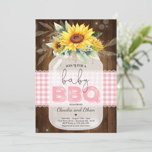 Invitation Baby shower barbecue Sunflower Baby Q Douche pour (Debout devant)
