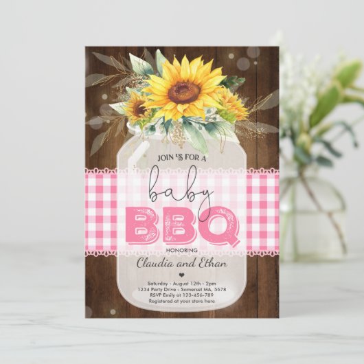 Invitation Baby shower barbecue Sunflower Baby Q Douche pour (Debout devant)