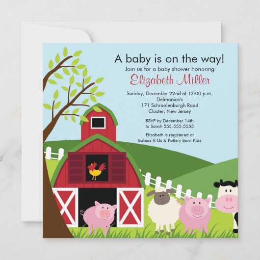 Invitation Baby shower Barnyard Animals (Devant)