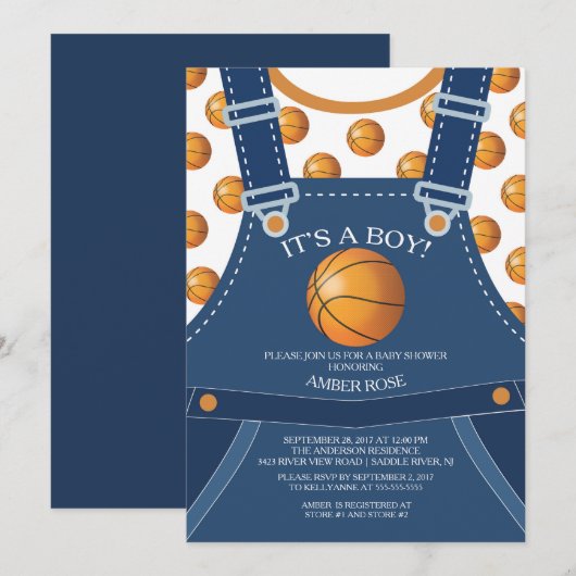 Invitation Baby shower BASKETBALL Mets Overalls (Devant / Derrière)