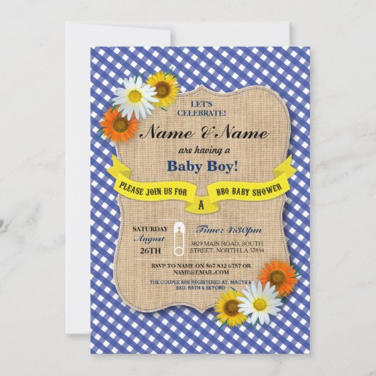 Invitation Baby shower BBQ BaByQ Fleur marguerite (Devant)