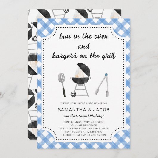 Invitation Baby shower BBQ bleu (Devant / Derrière)