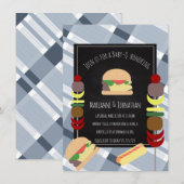 Invitation Baby shower BBQ Jardin Alimentation Plaid Bleu (Devant / Derrière)