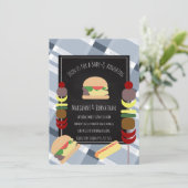 Invitation Baby shower BBQ Jardin Alimentation Plaid Bleu (Debout devant)