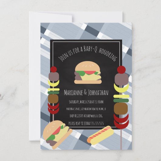 Invitation Baby shower BBQ Jardin Alimentation Plaid Bleu (Devant)