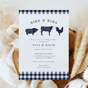 Invitation Baby shower BBQ Rustique Bleu Plaid Bébé
