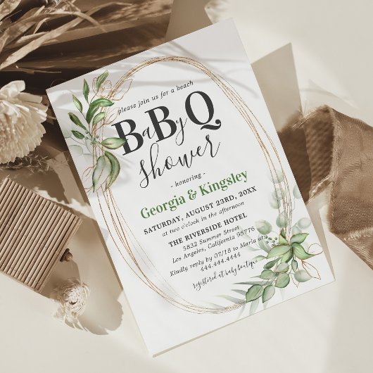 Invitation Baby-Shower BBQ Vert Botanique Or