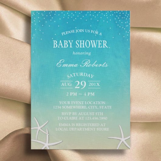 Invitation Baby shower Beach Starfish Elégante aquarelle