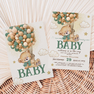 Invitation Baby shower Bear Green Balloons